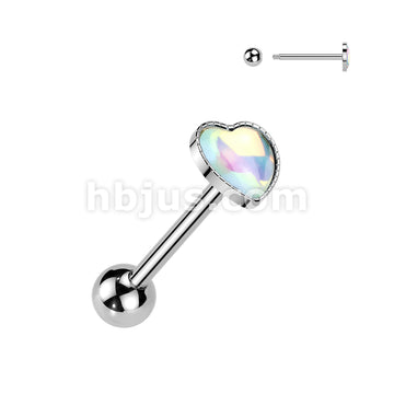 316L Surgical Steel 316L Iridescent Stone Heart Barbell Tongue Ring - Image 7