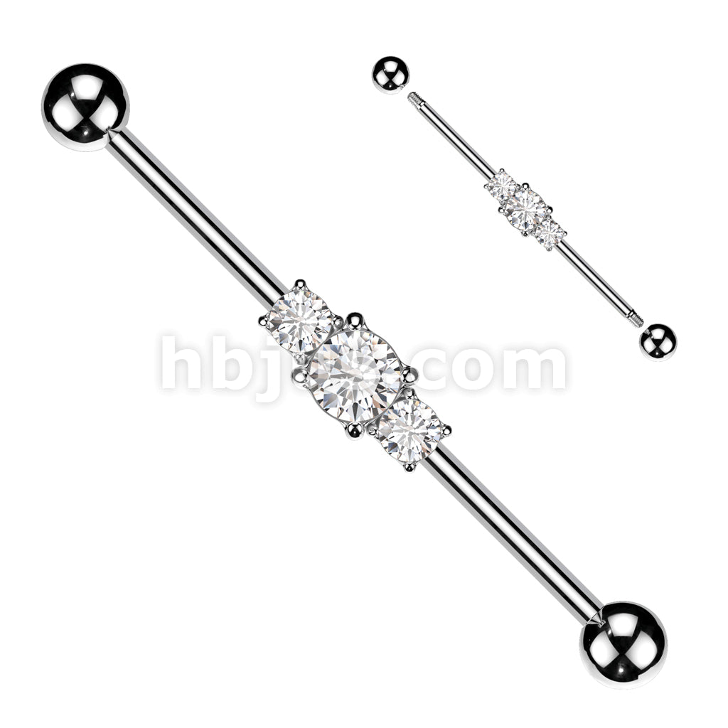 316L Surgical Steel 316L Surgical Steel Three Linked CZs Industrial Barbell - Image 2