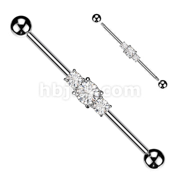 316L Surgical Steel 316L Surgical Steel Three Linked CZs Industrial Barbell - Image 2