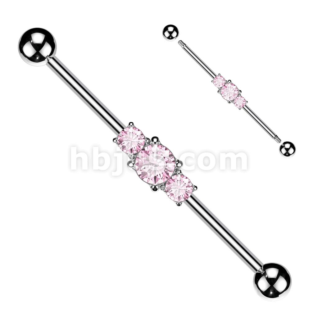 316L Surgical Steel 316L Surgical Steel Three Linked CZs Industrial Barbell - Image 3