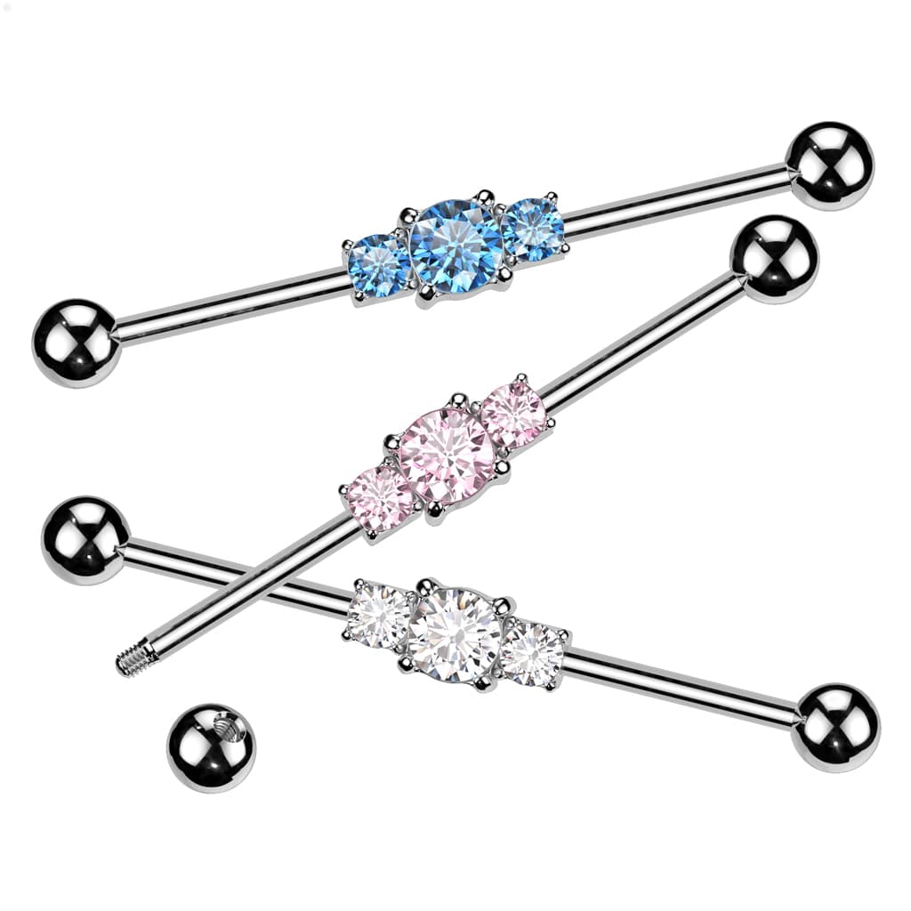 316L Surgical Steel 316L Surgical Steel Three Linked CZs Industrial Barbell