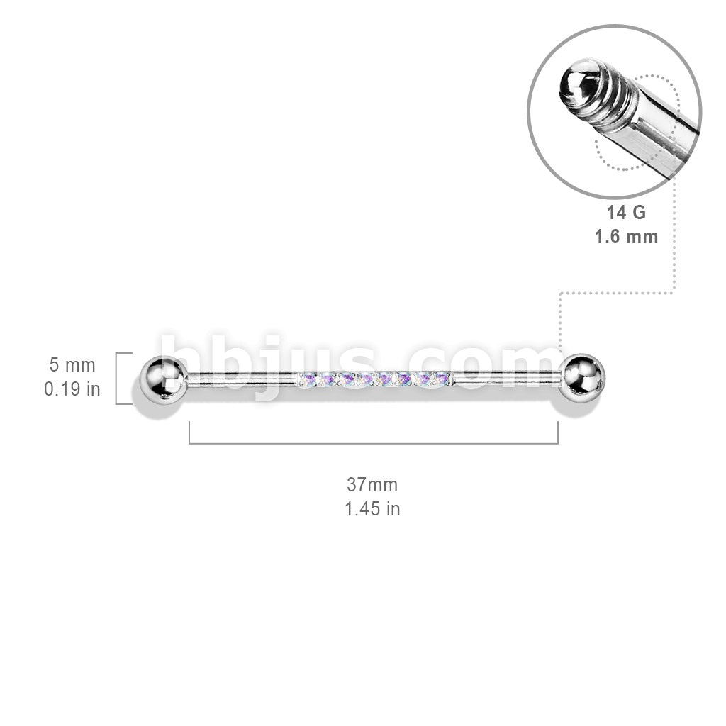 316L Surgical Steel Industrial Barbell with CNC SetLined CZ on Bar - Image 11