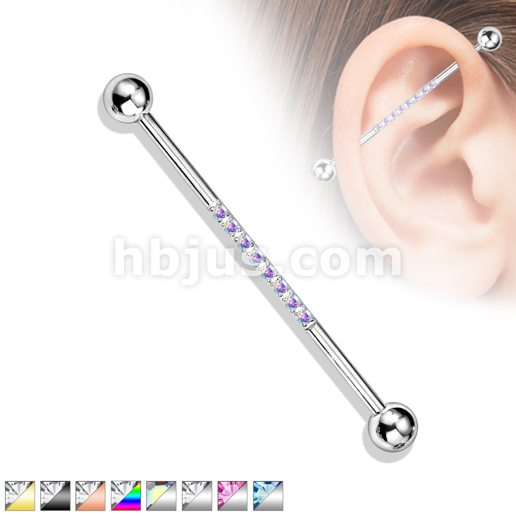 316L Surgical Steel Industrial Barbell with CNC SetLined CZ on Bar - Image 2