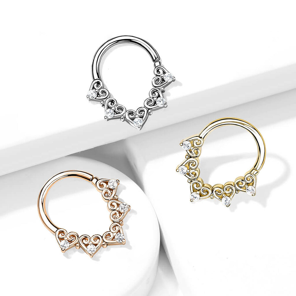 Brass Heart Filigree with Mini CZ Details Bendable Hoop for Daith,...