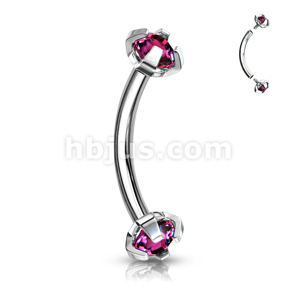 Prong Set CZ Internally Threaded 316L Surgical Steel Eyebrow Curve Ring - Image 2