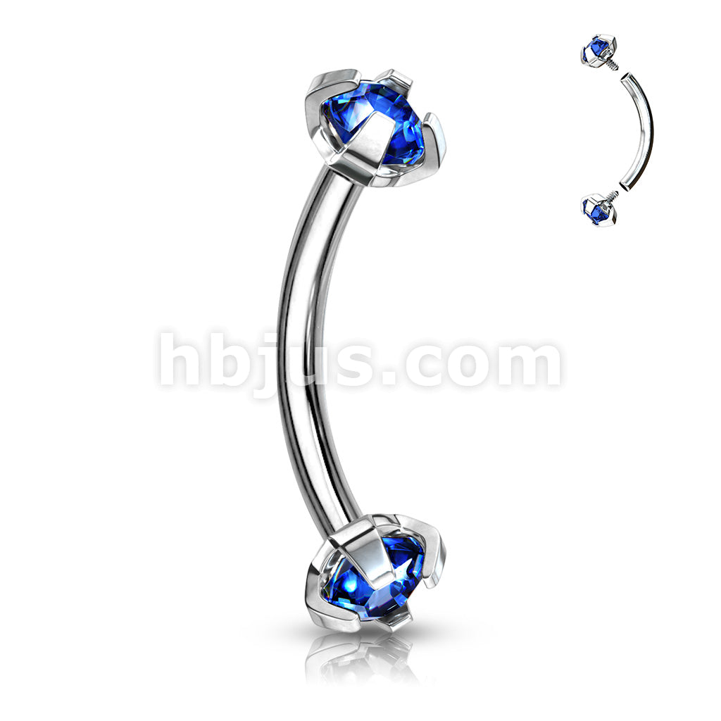 Prong Set CZ Internally Threaded 316L Surgical Steel Eyebrow Curve Ring - Image 3