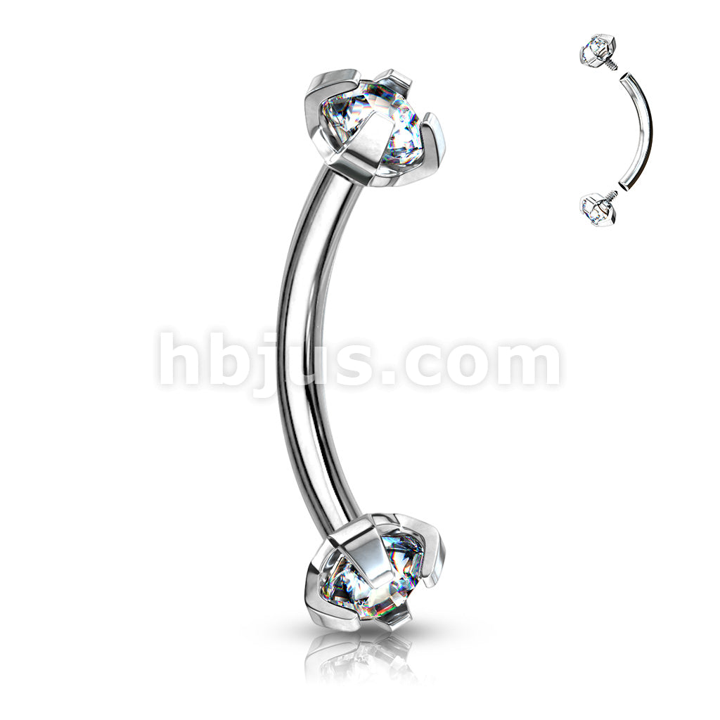 Prong Set CZ Internally Threaded 316L Surgical Steel Eyebrow Curve Ring - Image 4
