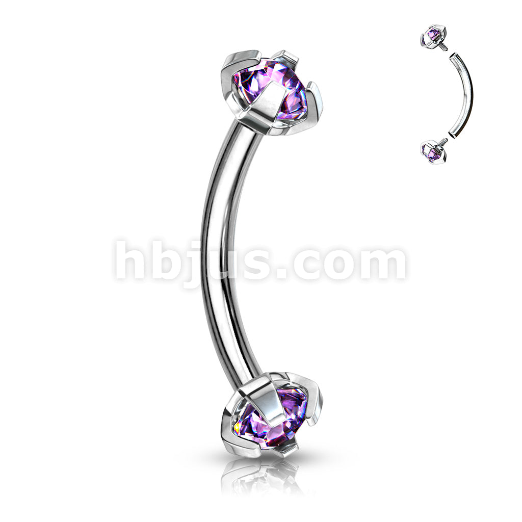 Prong Set CZ Internally Threaded 316L Surgical Steel Eyebrow Curve Ring - Image 10