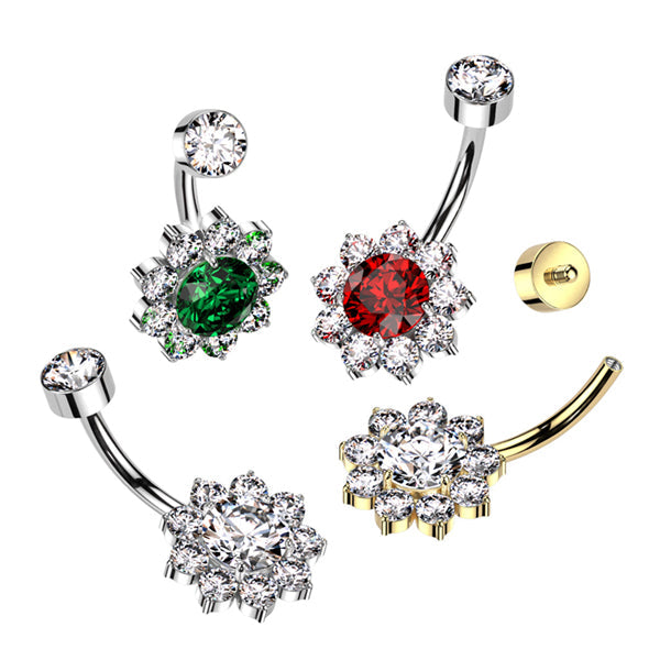 Implant Grade Titanium Internally Threaded Bezel Set CZ Top With CZ Flower Belly Button Ring
