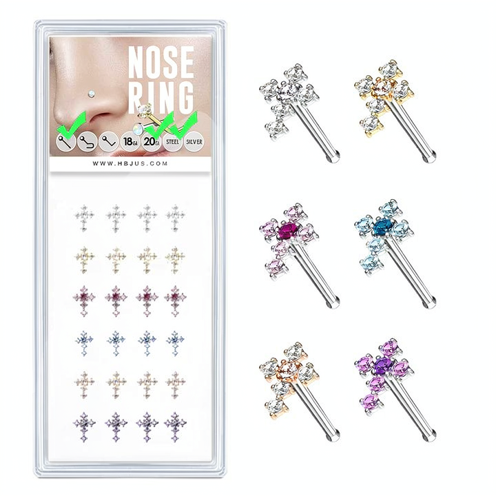CZ Cross 20 Gauge 316L Surgical Steel Nose Stud Rings Pack ( x)