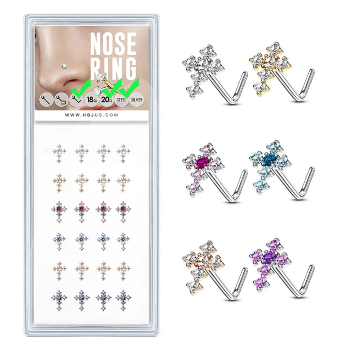 CZ Cross Top "L" Bend 20 Gauge 316L Surgical Steel Nose Stud Rings
