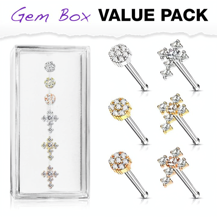 CZ Cross and CZ Flower with Double Tiered CZ Center Top 316L Surgical Steel 20 Gauge Nose Stud Rings Gem Box