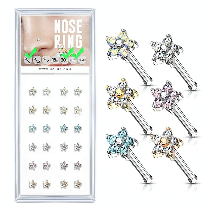 CZ Flower To 20ga 316L Surgical Steel Nose Stud Rings Pack ( x)
