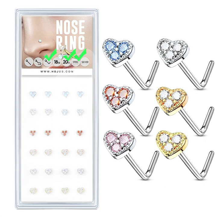 CZ Paved Heart "L" Bend 20 Gauge 316L Surgical Steel Nose Bone