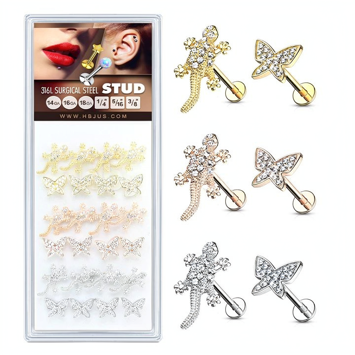 CZ Paved Lizard and Micro Paved CNC Set Butterfly 316L Surgical Steel Internally Threaded Labrets, Monroe, and Cartilage Studs