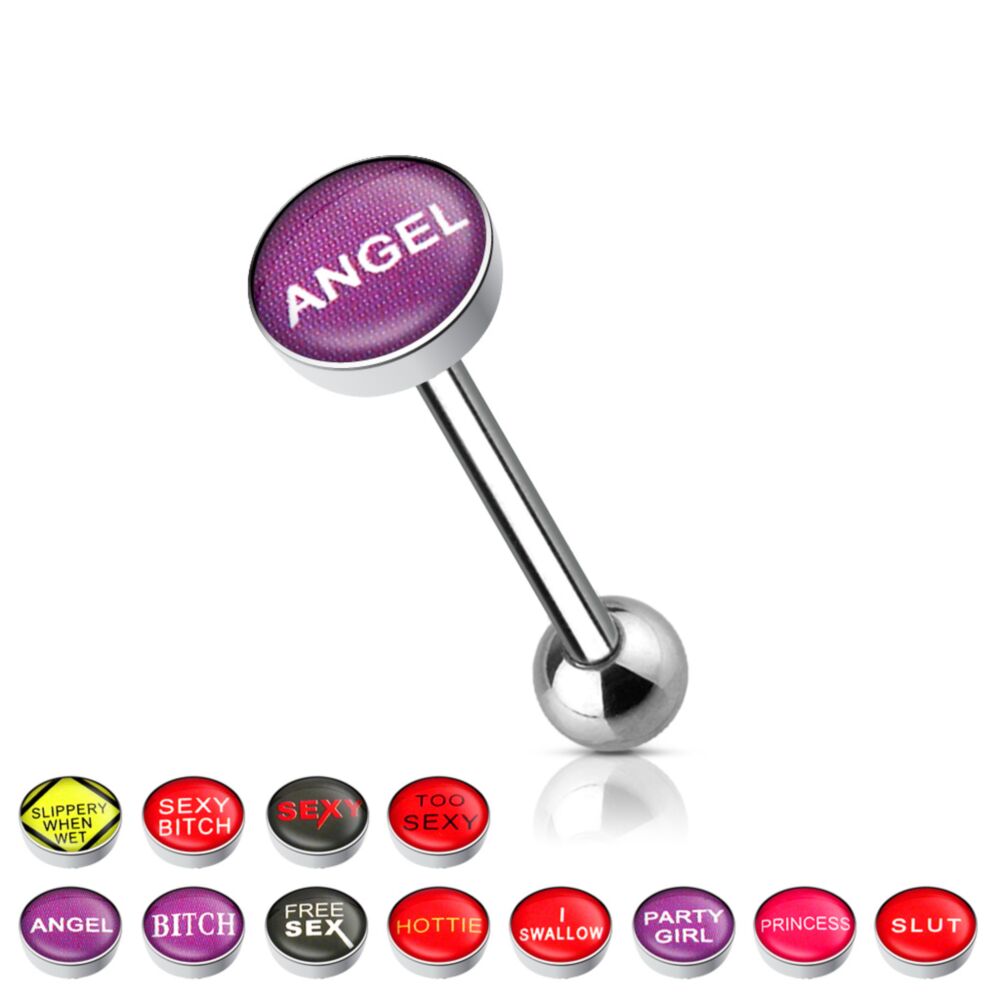 Clear Epoxy Covered Words Inlaid Top 316L Surgical Steel Barbell Tongue...