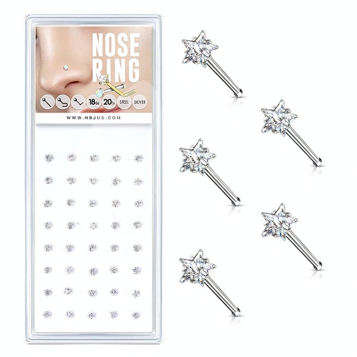 Clear Prong Set Star CZ Top 316L Surgical Steel Nose Stud