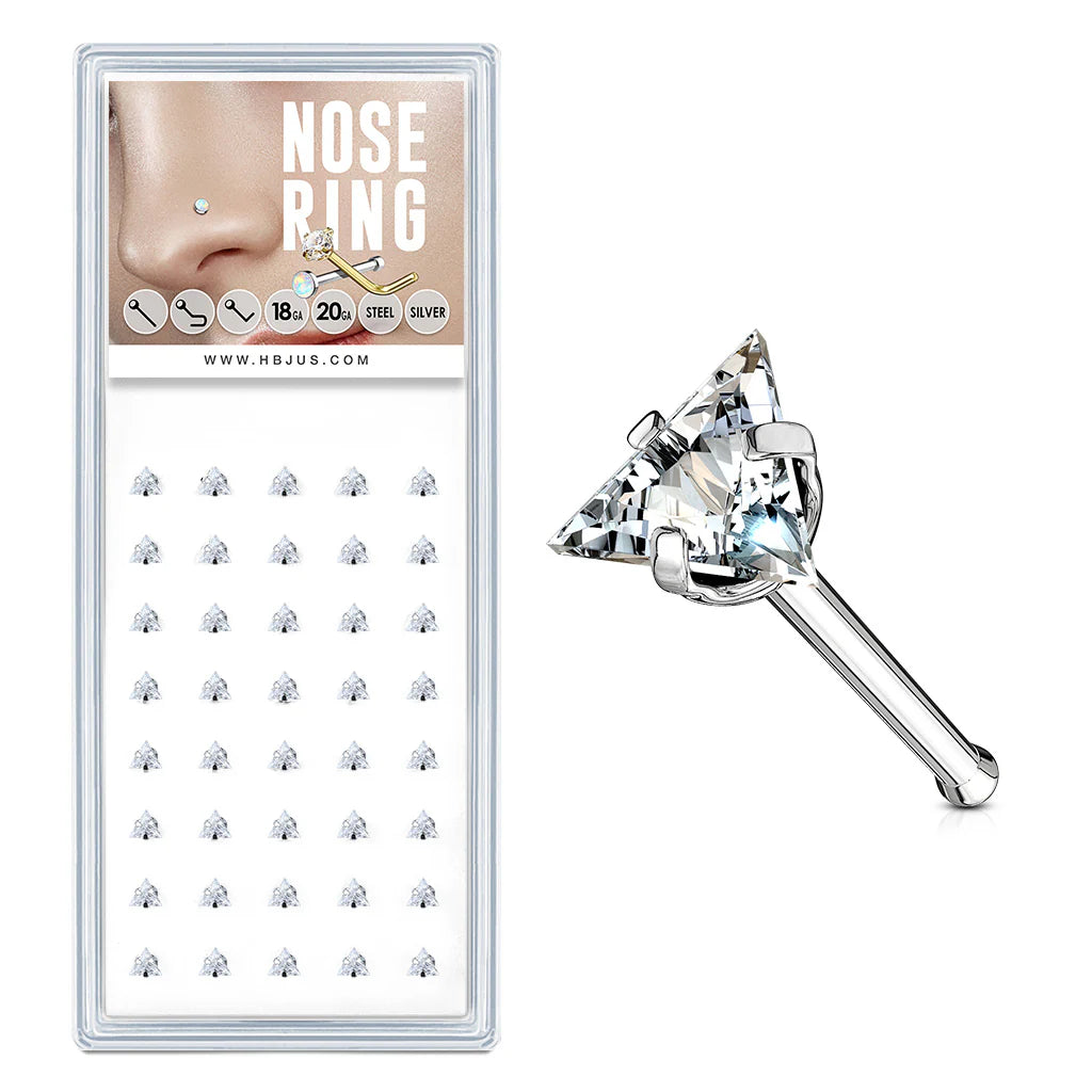 Clear Triangle CZ Top of 20 Gauge 316L Surgical Steel Nose Bone