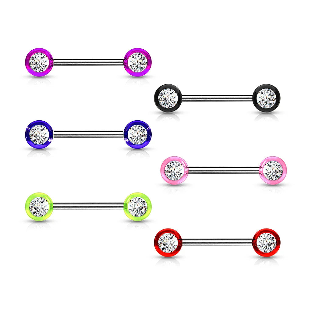 Color Double Front Facing Gemmed Acrylic Balls 316L Surgical Steel Nipple Bar