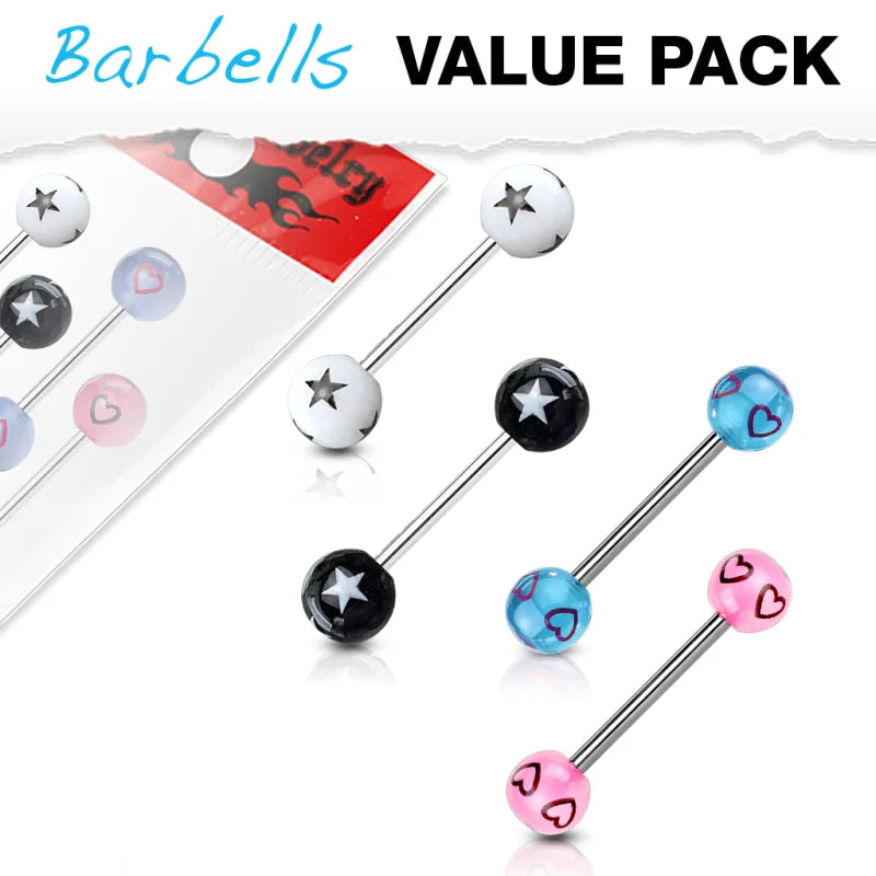 Color 316L Surgical Steel Barbells with Stars or Hearts Patterned Acrylic Balls