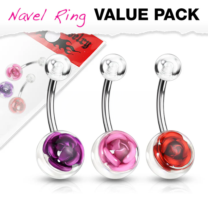 Color 316L Surgical Steel Navel Ring with Metal Rose Embedded in Clear Acrylic Ball