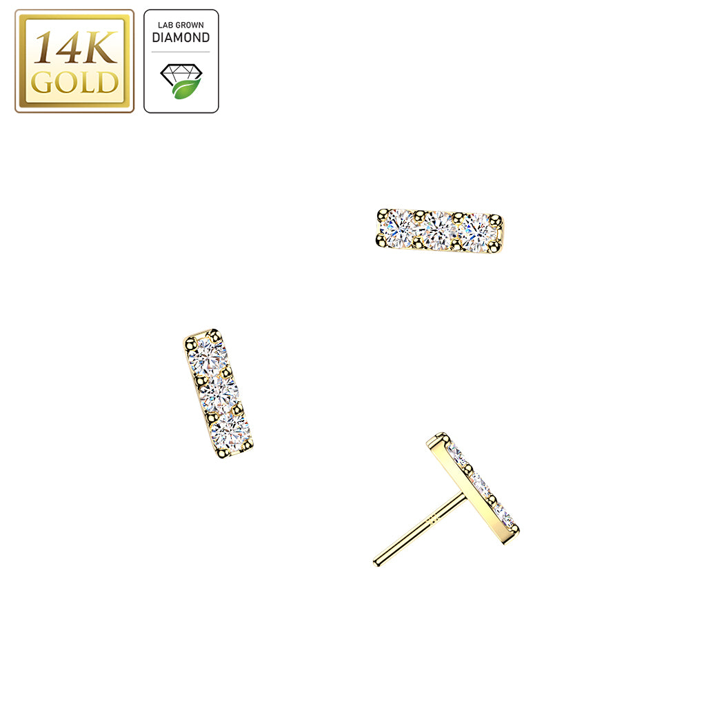 14K Gold Threadless Bar Top With 3 Prong Set Lab Grown Diamonds