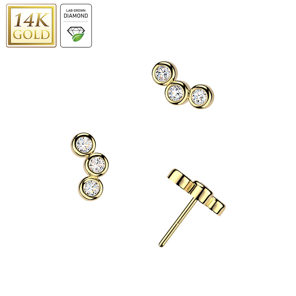 14K Gold Threadless Mini Curved Top With 3 Lab Grown Diamonds