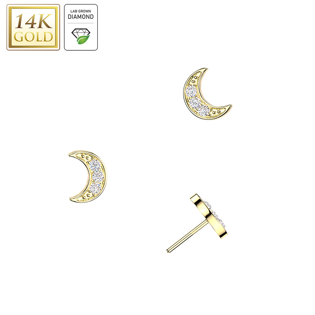 14K Gold Threadless Crescent Moon Top With 3 Lab Grown Diamonds