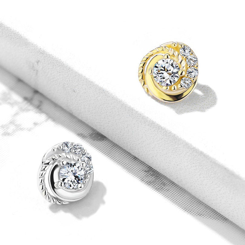 14KT Gold 14K Double Tiered CZ Center Swirl with CZ Accented Dermal...