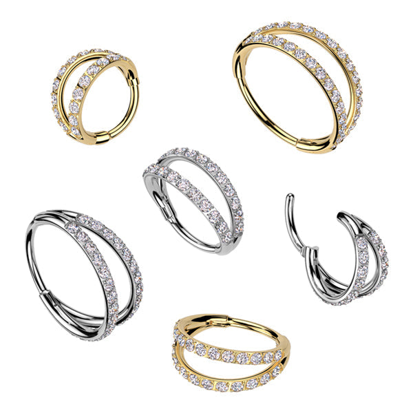 Implant Grade Titanium 18ga and 20ga Hinged Segment Double Hoop Ring Lined With Outward Facing CZs For Nose, Ear and More