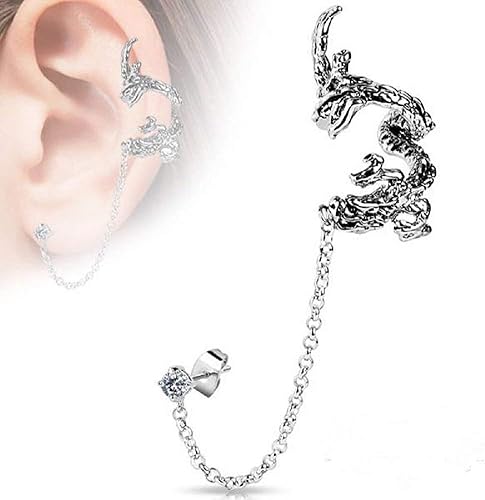 Dragon Design with Clear CZ Stud Chain Earring Rhodium Plated Brass Ear...