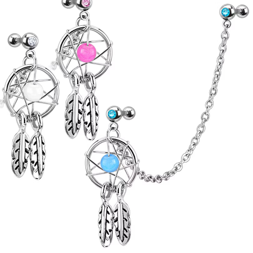 Dream Catcher with Gemmed Double Cartilage/Tragus Barbell Chain Linked...
