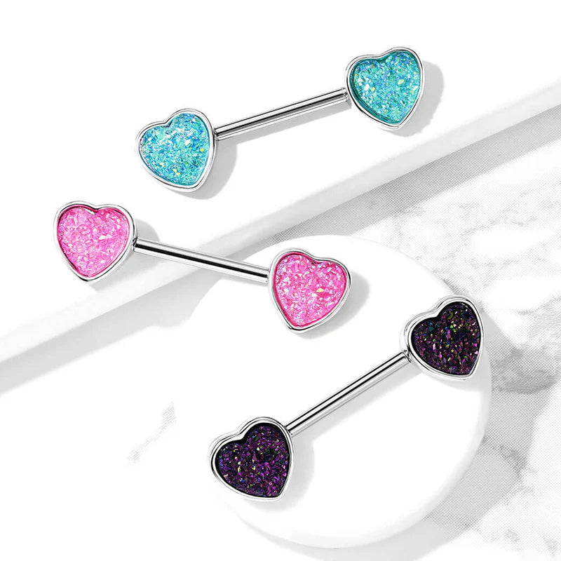 Druzy Stone Heart Set 316L Surgical Steel Nipple Barbell Rings