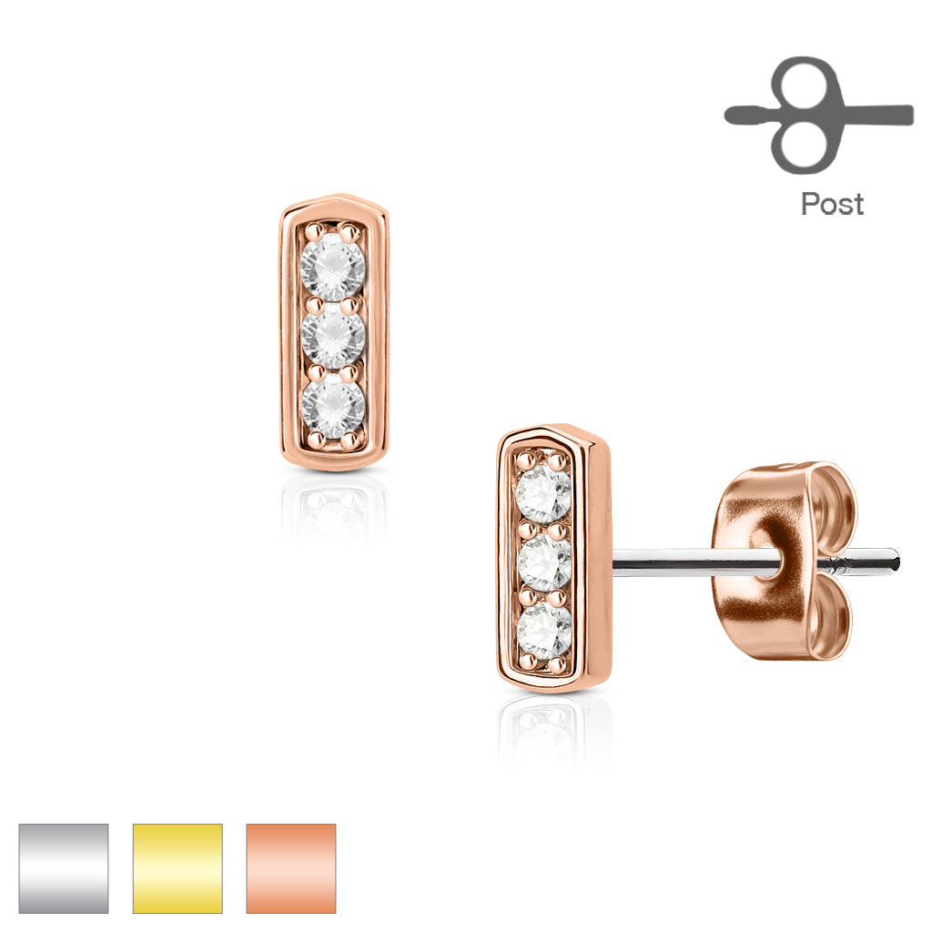316L Surgical Steel Pair of Three CZ Set Square Bar 316L Surgical Steel...