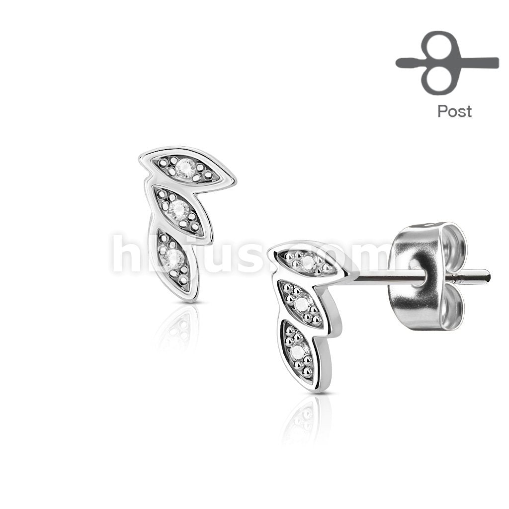 316L Surgical Steel Pair of CZ Paved 3 Leaves 316L Surgical Steel Post... - Image 2