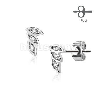 316L Surgical Steel Pair of CZ Paved 3 Leaves 316L Surgical Steel Post... - Image 2