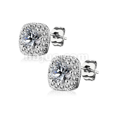 Pair of Large Round CZ Centered with CZ Paved Outlined Square 316L... - Image 2