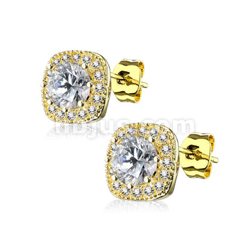 Pair of Large Round CZ Centered with CZ Paved Outlined Square 316L... - Image 3