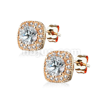 Pair of Large Round CZ Centered with CZ Paved Outlined Square 316L... - Image 4