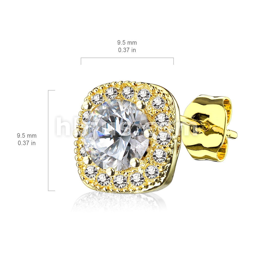 Pair of Large Round CZ Centered with CZ Paved Outlined Square 316L... - Image 5