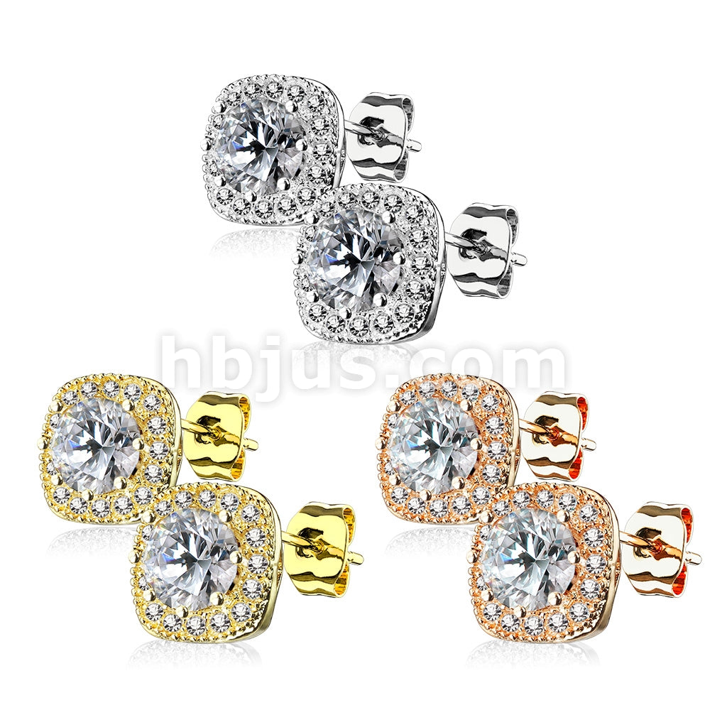 Pair of Large Round CZ Centered with CZ Paved Outlined Square 316L... - Image 6