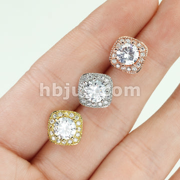 Pair of Large Round CZ Centered with CZ Paved Outlined Square 316L... - Image 7