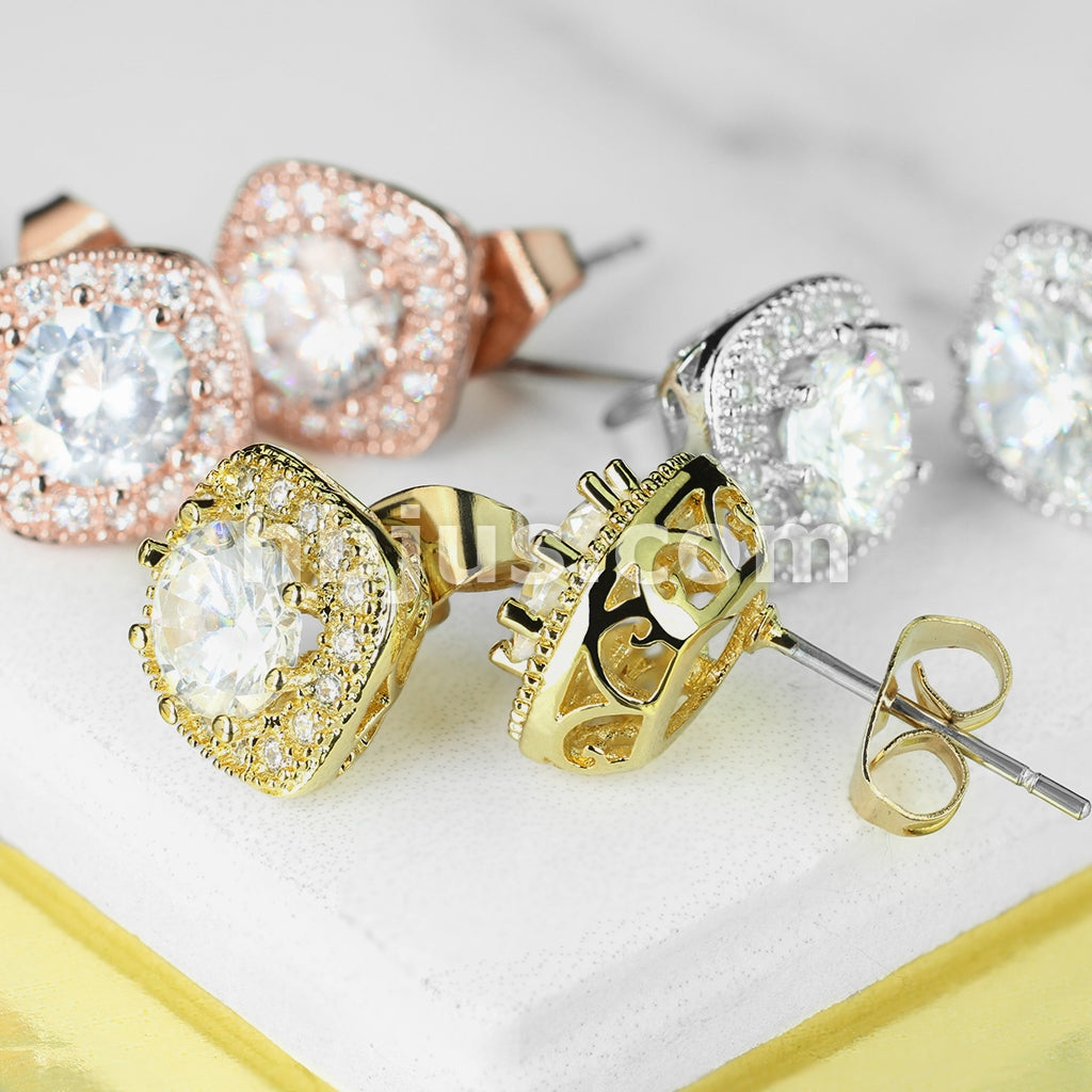 Pair of Large Round CZ Centered with CZ Paved Outlined Square 316L... - Image 8