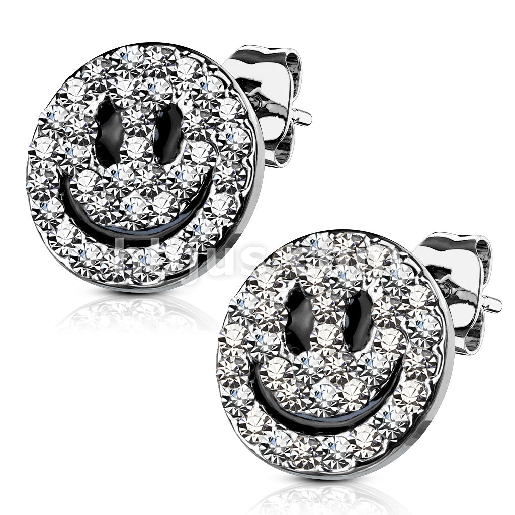 316L Surgical Steel Pair of Gem Paved Smiley Face 316L Surgical Steel... - Image 2