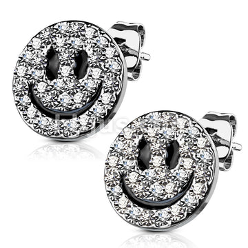 316L Surgical Steel Pair of Gem Paved Smiley Face 316L Surgical Steel... - Image 2