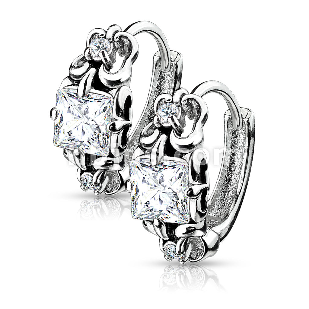 Pair of Antique Silver Plated Prong Set Square CZ 316L Stainless Steel... - Image 3