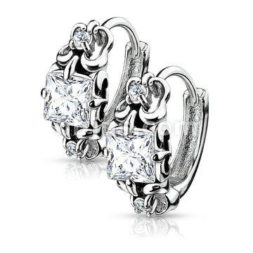 Pair of Antique Silver Plated Prong Set Square CZ 316L Stainless Steel... - Image 3