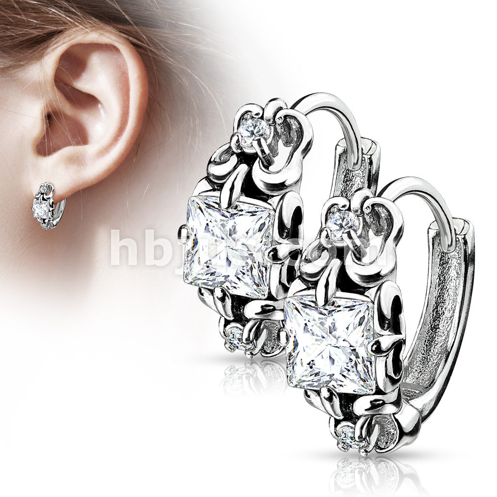 Pair of Antique Silver Plated Prong Set Square CZ 316L Stainless Steel... - Image 2
