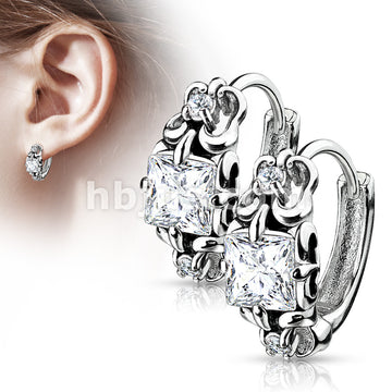 Pair of Antique Silver Plated Prong Set Square CZ 316L Stainless Steel... - Image 2