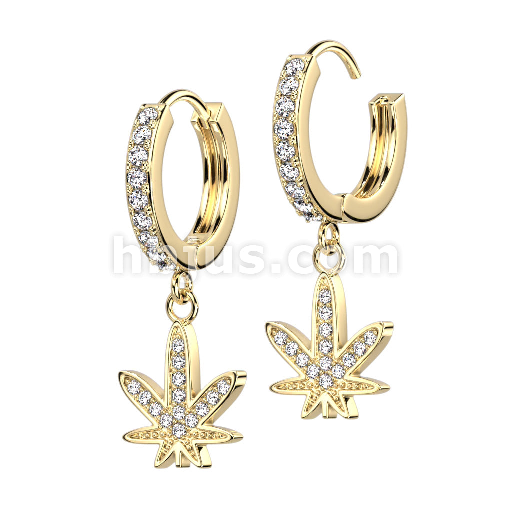 316L Surgical Steel Pair of CZ Paved Front With CZ Paved Pot Leaf... - Image 2